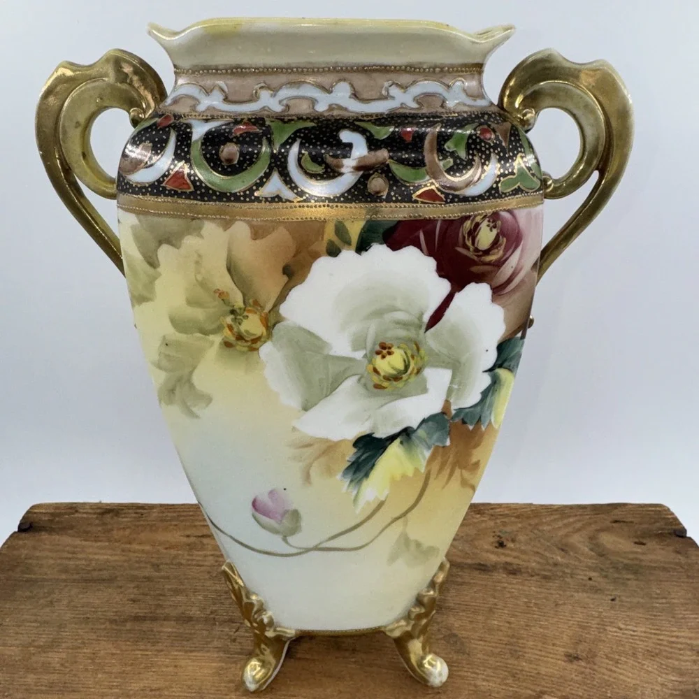 Vase Antique Nippon‎ Hand-Painted Porcelain w/Double Handle Floral Gold Gilt